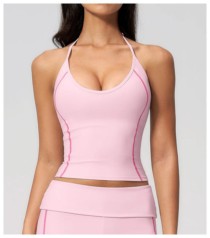 Women's Halter Neck Contrast Stitch Workout Cami Top Custom Logo U-Neck Longline Yoga Tank with Built-in Bra Sports Top
