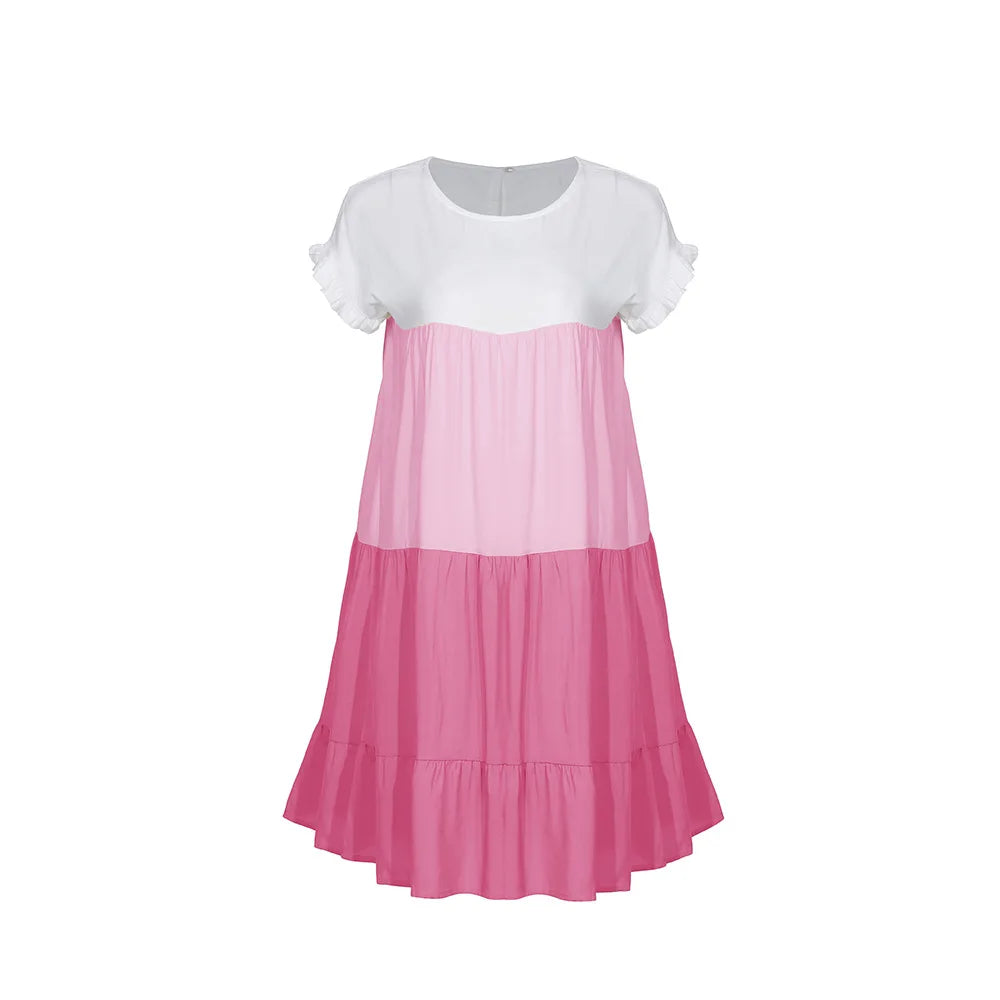 ANSZKTN Spring Summer Pacthwork Hot Selling Color Blocking Short Sleeve Loose Casual Dresses for Women