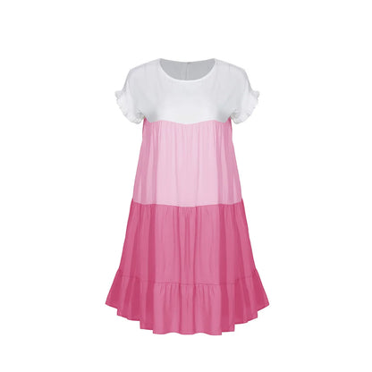 ANSZKTN Spring Summer Pacthwork Hot Selling Color Blocking Short Sleeve Loose Casual Dresses for Women