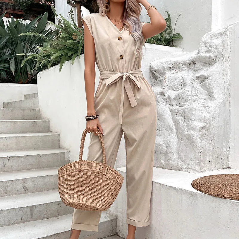 Elegant Ladies Sleeveless V Neck Buttons Long Pants Jumpsuit Soild Colour Casual Jumpsuits