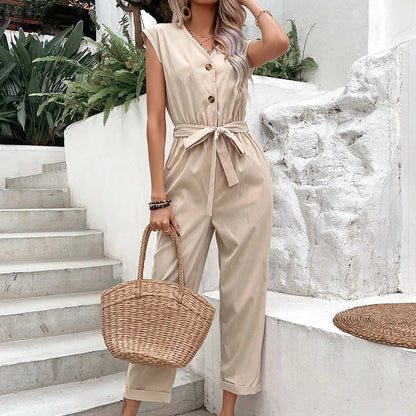 Elegant Ladies Sleeveless V Neck Buttons Long Pants Jumpsuit Soild Colour Casual Jumpsuits