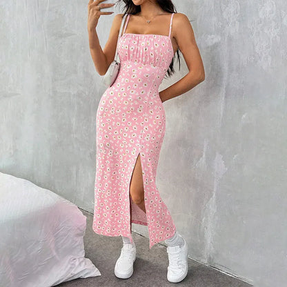 Women's Spaghetti Strap Floral Print Midi Dress, Bodycon Slit Hem Casual Summer Dress