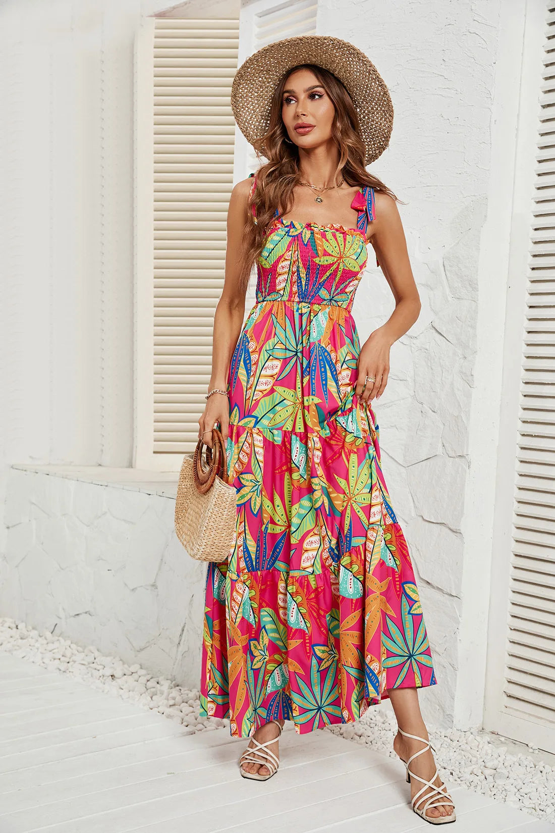 2024 Women's Summer Casual Beach Dress Sexy Digital Printed Dress with Straps Wrapped Chest High Waist Eco-Friendly