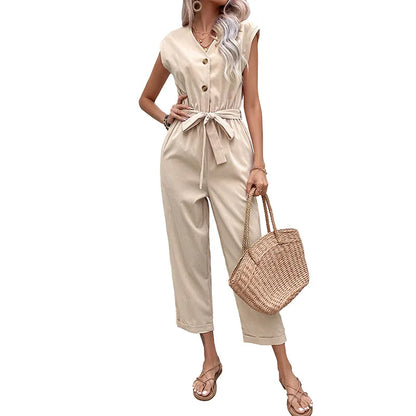 Elegant Ladies Sleeveless V Neck Buttons Long Pants Jumpsuit Soild Colour Casual Jumpsuits