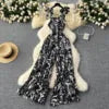 Summer Beach Style V-neck Tunic Jumpsuit for Women Sleeveless High Waist Floral Lace Long Jumpsuit Ladies Casual Overalls