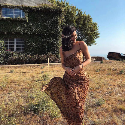 Hot Selling Women's Party Floor Length Sleeveless Leopard Print Sling Party Long Sexy Dress