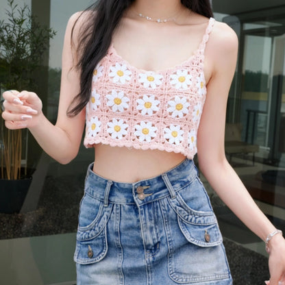Summer Women Square Collar Breathable Knitted Hollow Out Crochet Cami Top Daisy Color Sexy Crop Tank Vest Club