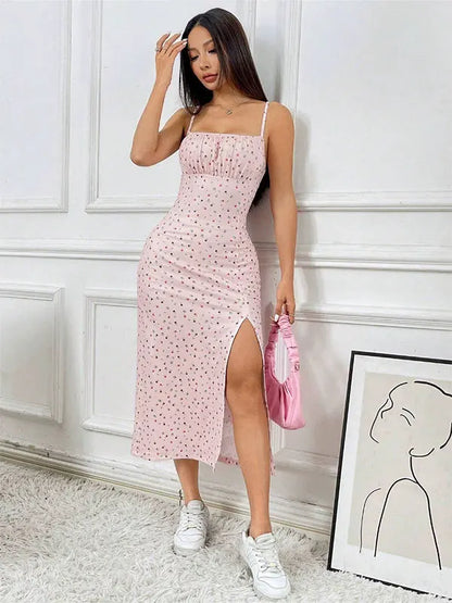 Women's Spaghetti Strap Floral Print Midi Dress, Bodycon Slit Hem Casual Summer Dress