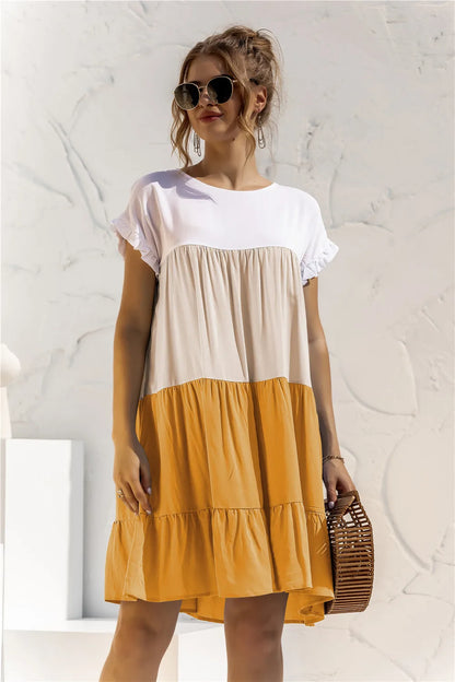 ANSZKTN Spring Summer Pacthwork Hot Selling Color Blocking Short Sleeve Loose Casual Dresses for Women