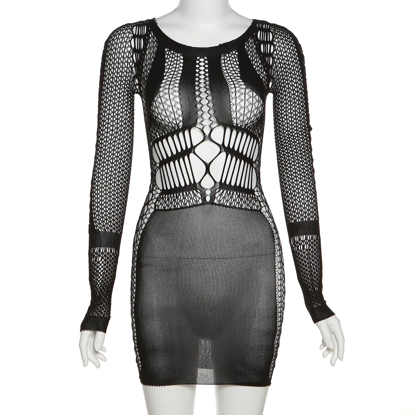 Summer Party Club Beach Wear Women's Long Sleeve Mini Dress Bodycon Sexy Body Shape Hollow Out See Through Mesh Dresses Women