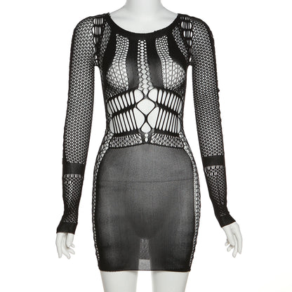 Summer Party Club Beach Wear Women's Long Sleeve Mini Dress Bodycon Sexy Body Shape Hollow Out See Through Mesh Dresses Women