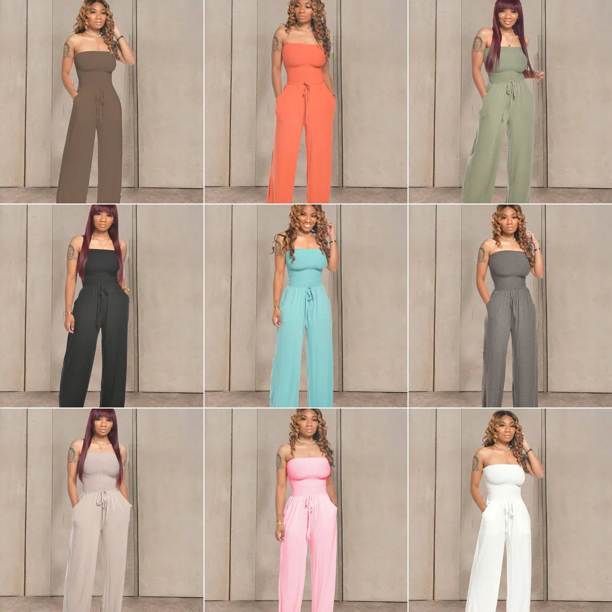 TS1035 Trendy Summer Jumpsuit Women Casual Strapless Sleeveless Pleated Wide Leg One Piece Jumpsuits With Pocket