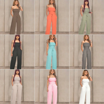 TS1035 Trendy Summer Jumpsuit Women Casual Strapless Sleeveless Pleated Wide Leg One Piece Jumpsuits With Pocket
