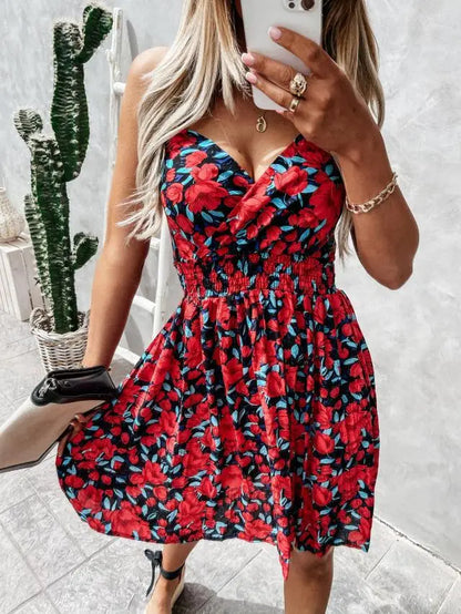 Sexy V Neck Elasticity Waist Floral Ruched a Line Dress Casual Women Summer Bohemian Party Dresses Ladies Clothing