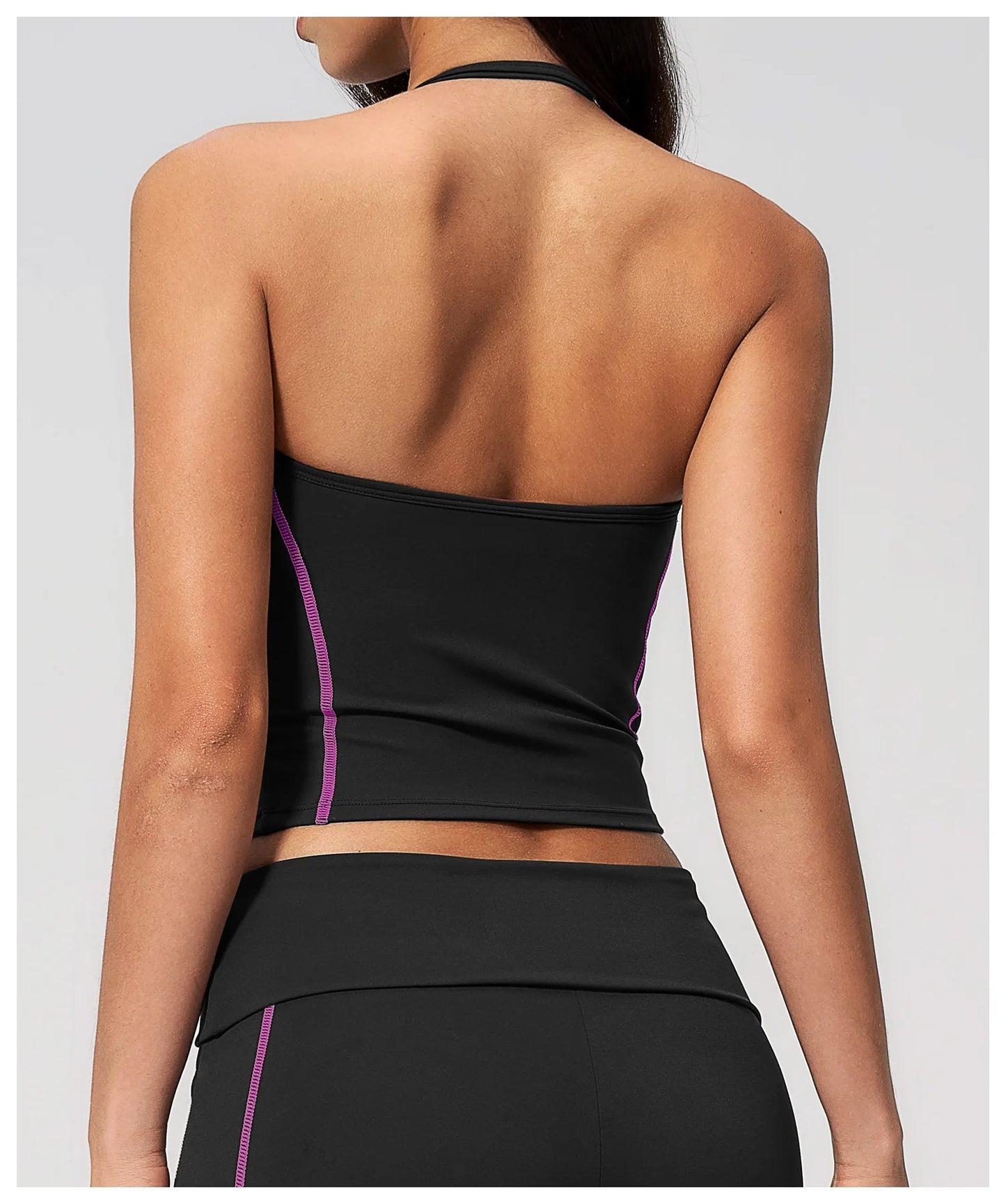 Women's Halter Neck Contrast Stitch Workout Cami Top Custom Logo U-Neck Longline Yoga Tank with Built-in Bra Sports Top