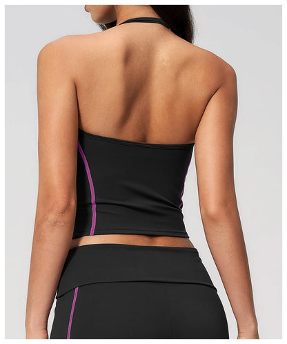 Women's Halter Neck Contrast Stitch Workout Cami Top Custom Logo U-Neck Longline Yoga Tank with Built-in Bra Sports Top