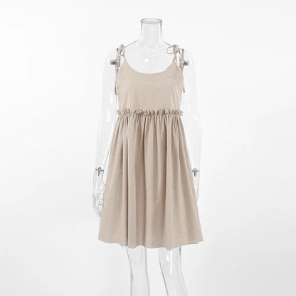 For OOTN 2024 Women's Elegant Khaki Linen Summer Dress Sexy Mini A-Line Ruched Lace-Up Ruffles Spaghetti Strap Loose Fit Solid