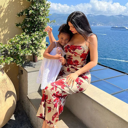 Summer Elegant Casual Dresses Sexy Fashion Women's Dress Rose Print Ribbon Satin Maxi Dress Ladies