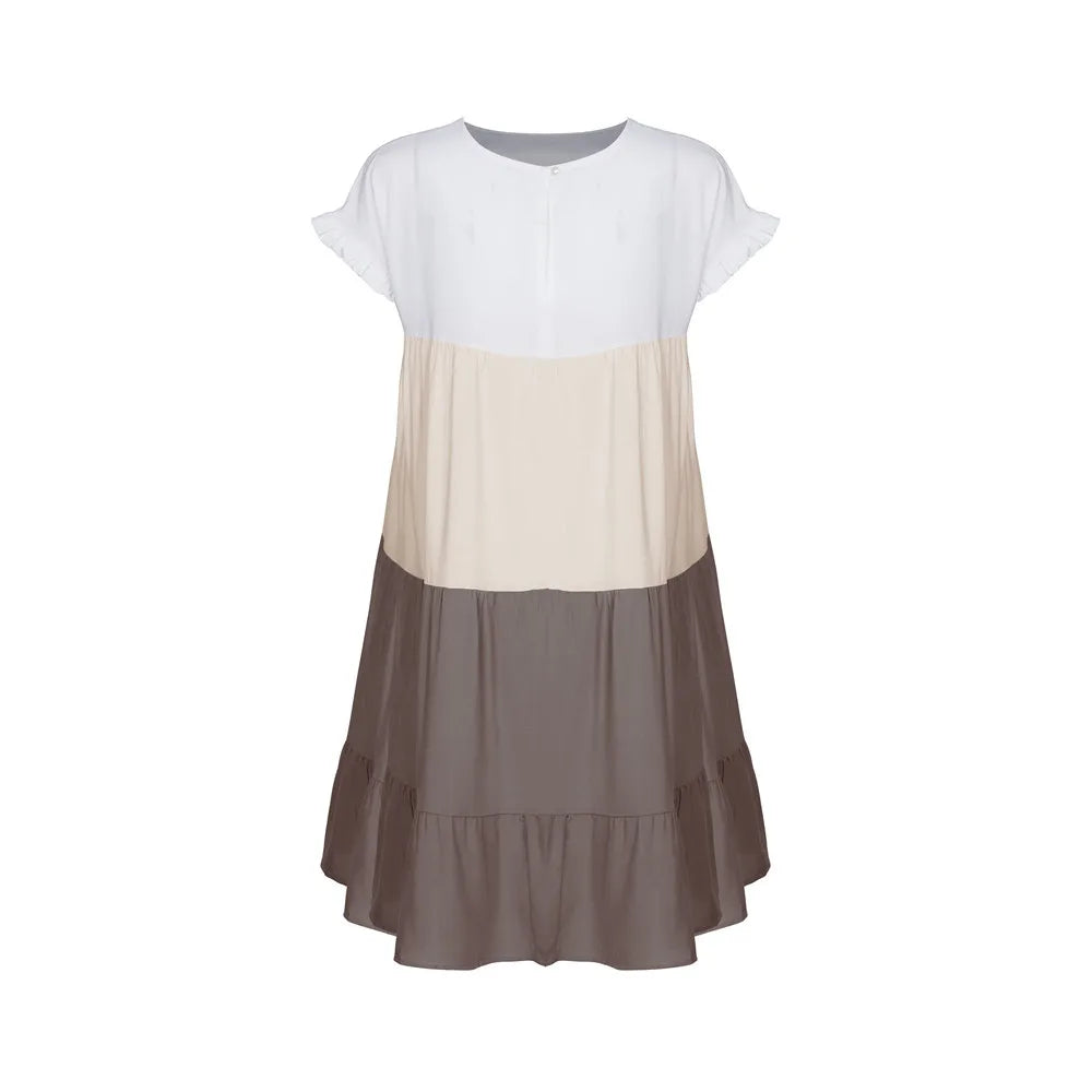 ANSZKTN Spring Summer Pacthwork Hot Selling Color Blocking Short Sleeve Loose Casual Dresses for Women