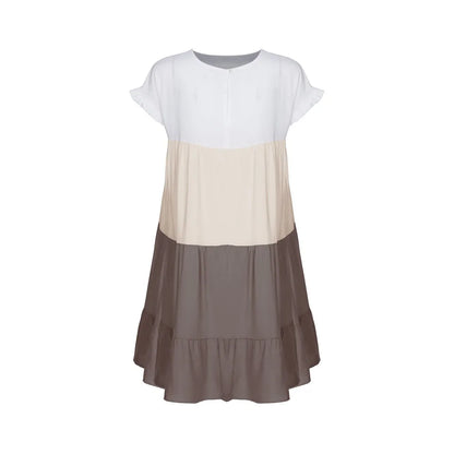 ANSZKTN Spring Summer Pacthwork Hot Selling Color Blocking Short Sleeve Loose Casual Dresses for Women