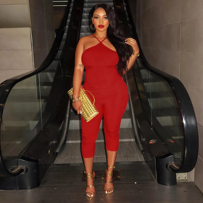 Sexy Halter Neck High Quality Ribbed Solid Color Casual Women Summer Jumpsuits One Piece