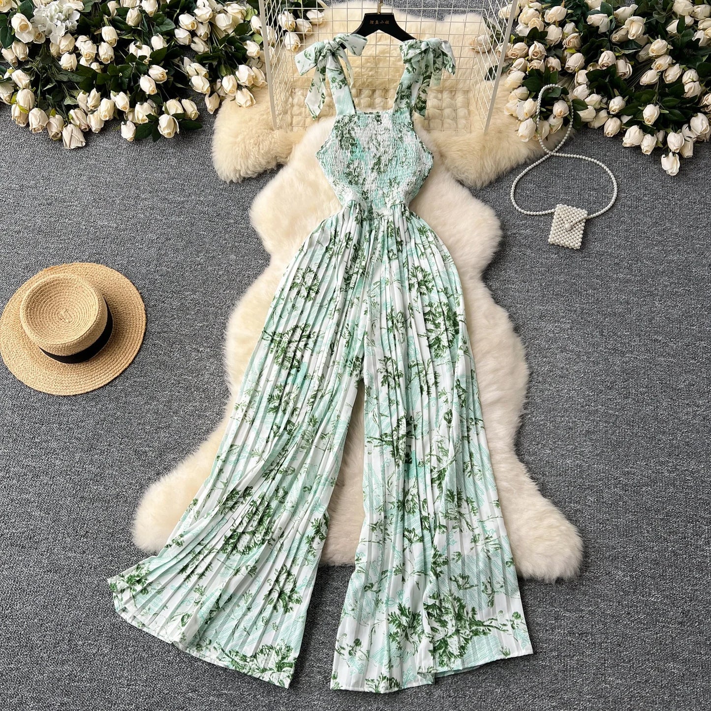 Summer Beach Style V-neck Tunic Jumpsuit for Women Sleeveless High Waist Floral Lace Long Jumpsuit Ladies Casual Overalls