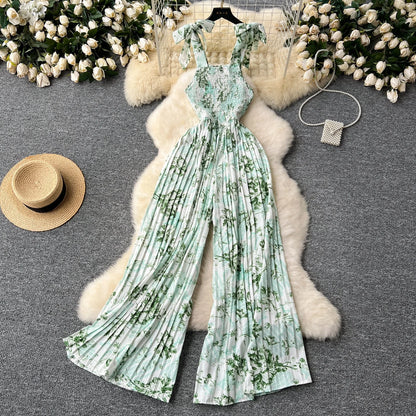 Summer Beach Style V-neck Tunic Jumpsuit for Women Sleeveless High Waist Floral Lace Long Jumpsuit Ladies Casual Overalls
