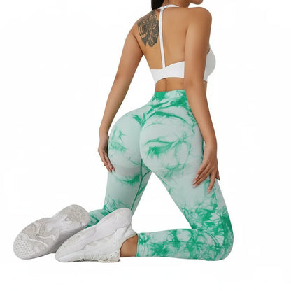 Seamless High Waist Yoga Tights Women Tie-Dye Ruched Butt Lifting Sports Leggings