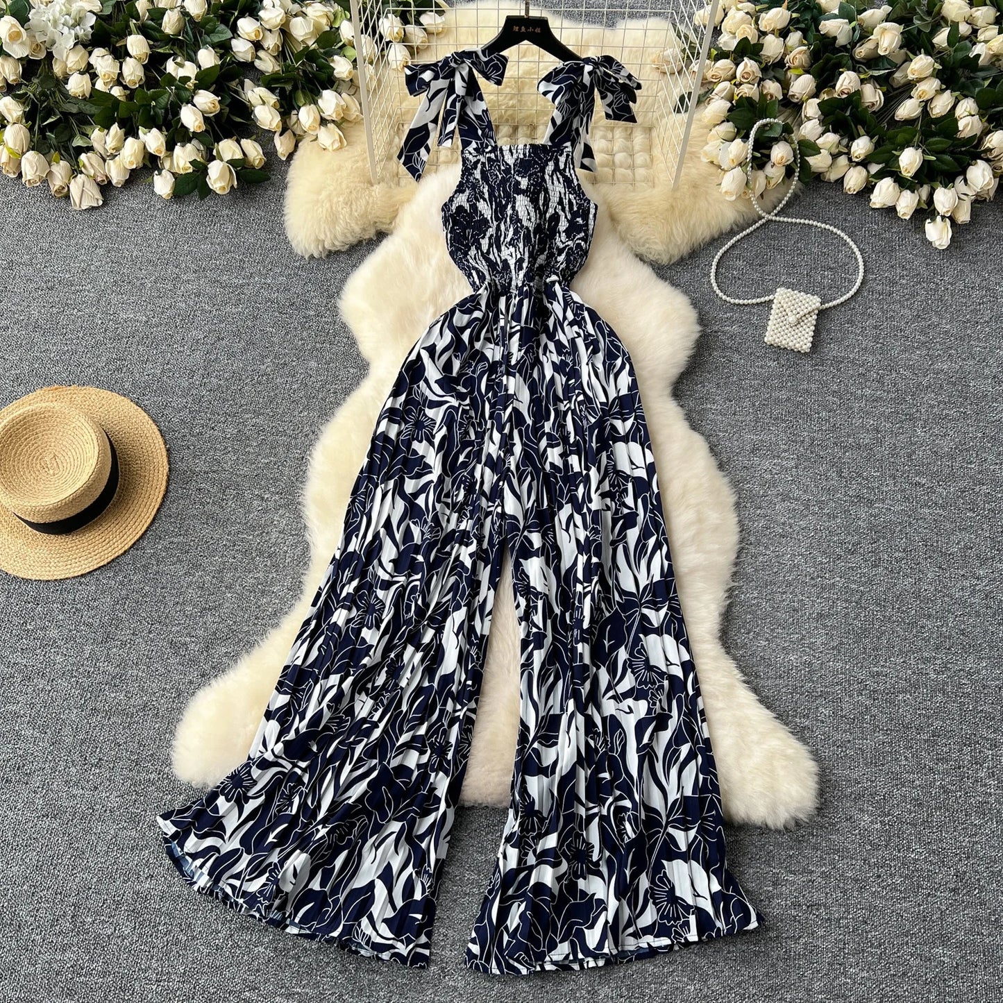 Summer Beach Style V-neck Tunic Jumpsuit for Women Sleeveless High Waist Floral Lace Long Jumpsuit Ladies Casual Overalls