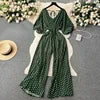 Casual V Neck Slim Jumpsuit for Women Puff Sleeve High Waist Printed Lace Long Jumpsuit Wholesale