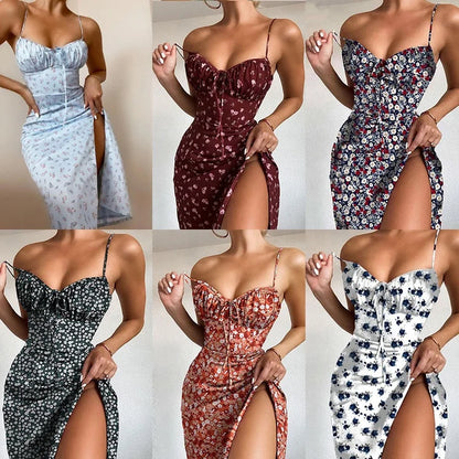 Women's Casual Summer Vintage Floral Midi Dress Slip-on Backless Sundress Strapless Sexy Sleepwear Worsted Beach-Style Sundress