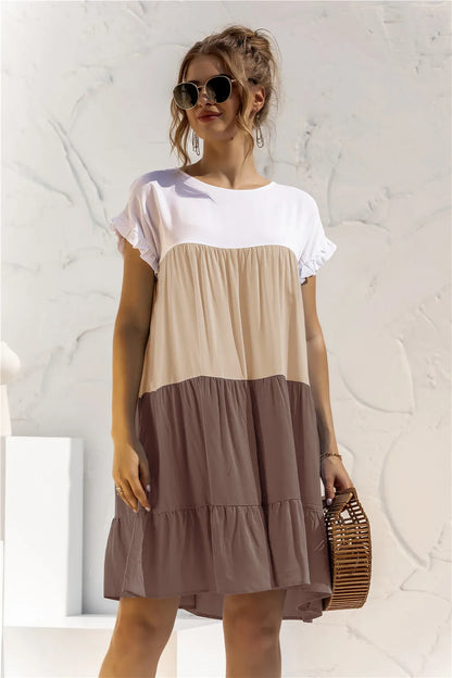 ANSZKTN Spring Summer Pacthwork Hot Selling Color Blocking Short Sleeve Loose Casual Dresses for Women