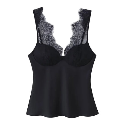 TOUCH WAY Women 2025 Summer Breathable Sweet Lace Twill Texture Tank Tops V-Neck Vintage Backless Camis Chic Solid Pattern 100%