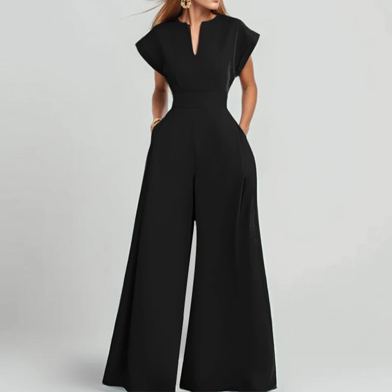Ready to Ship Women's Loose Jumpsuits Solid Color High Waist V Neck Wide Leg Jumpsuits With Pockets Casual Office Workwear