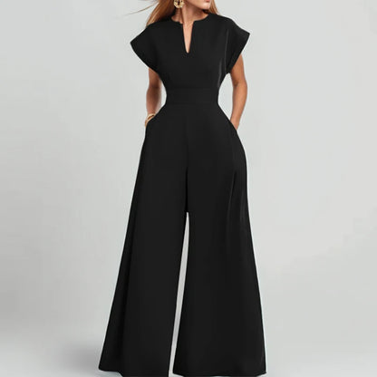 Ready to Ship Women's Loose Jumpsuits Solid Color High Waist V Neck Wide Leg Jumpsuits With Pockets Casual Office Workwear
