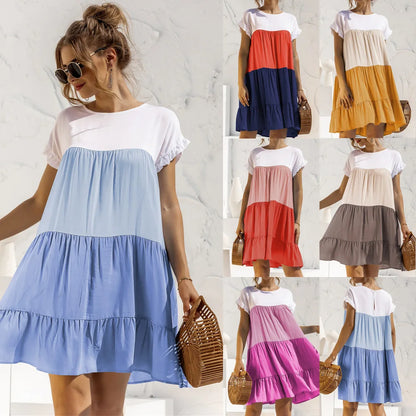 ANSZKTN Spring Summer Pacthwork Hot Selling Color Blocking Short Sleeve Loose Casual Dresses for Women