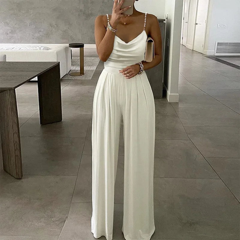 New Women's Summer Halter Jumpsuit with Pearl Sleeves and Wide Leg Casual Solid Color Hot Sale for Parties