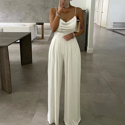 New Women's Summer Halter Jumpsuit with Pearl Sleeves and Wide Leg Casual Solid Color Hot Sale for Parties