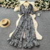 Summer Casual V-Neck Tunic Jumpsuit For Women Flare Sleeve High Waist Leopard Printed Lace Long Jumpsuit Wholesale