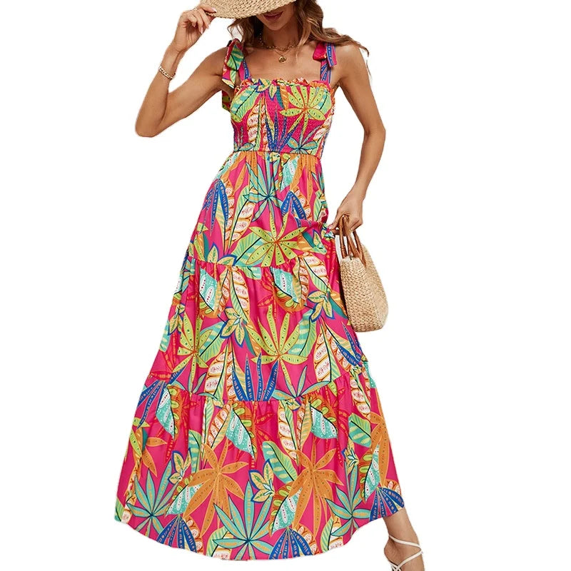 2024 Women's Summer Casual Beach Dress Sexy Digital Printed Dress with Straps Wrapped Chest High Waist Eco-Friendly