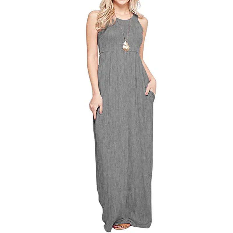 Female Solid Long Boho Dress Lady Beach Summer Sundrss Maxi Dress Women's Sleeveless Solid Color Pocket Dress Vestido De Verano