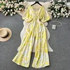 Casual V Neck Slim Jumpsuit for Women Puff Sleeve High Waist Printed Lace Long Jumpsuit Wholesale