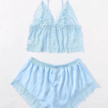 Sexy Sleeveless Collarless Polyester Underwear Women Pure Desire Home Clothes Fashion Comfortable Sling Lace Shorts Pajamas Set