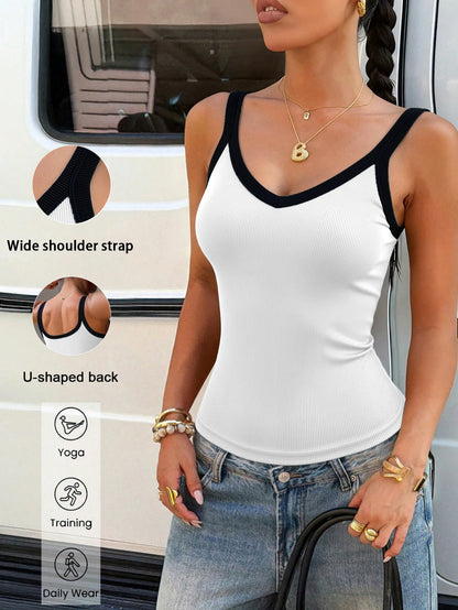 Women's Ribbed Color Block Tank Top V-Neck Wide Strap Fitted Cami High Elastic Seamless Workout Camisole for Yoga Daily Wear