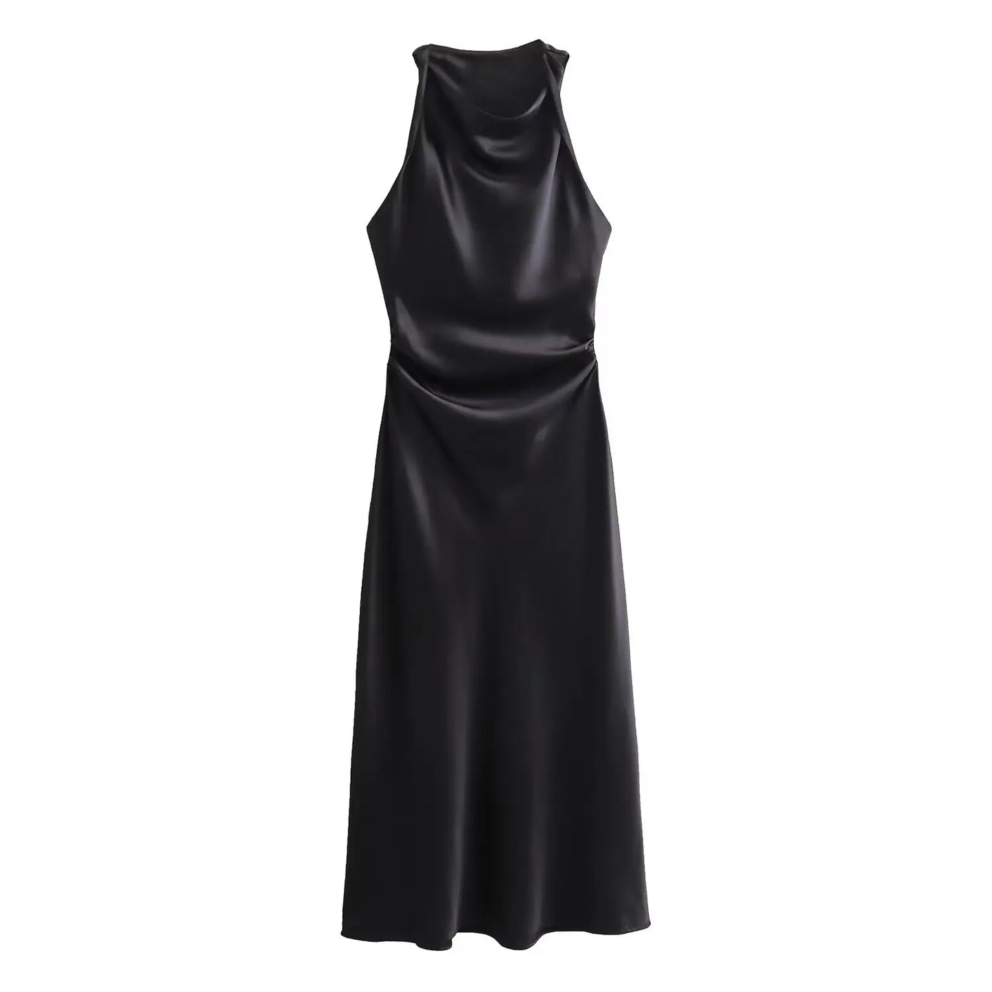 2024  Women's Purple Satin Midi Dress New Sleeveless Slim Pleated Vest Long Skirt Pattern Solid Vestidos Mujer