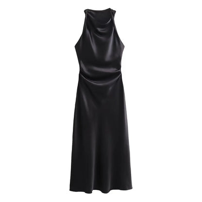 2024  Women's Purple Satin Midi Dress New Sleeveless Slim Pleated Vest Long Skirt Pattern Solid Vestidos Mujer
