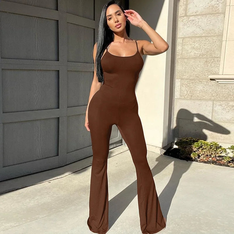 Summer Sleeveless Sexy Slim Fit Flared Pants One Piece Jumpsuit