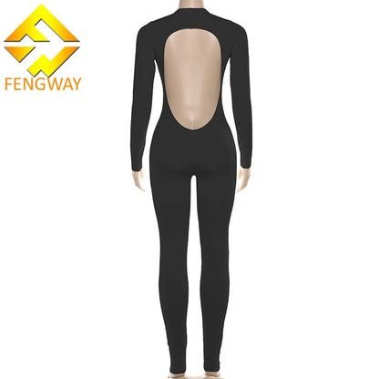 New Fall Sexy Solid Color Stretch Backless Deep v Neck Slim Long Sleeve One Pieces Jumpsuit Bodysuit
