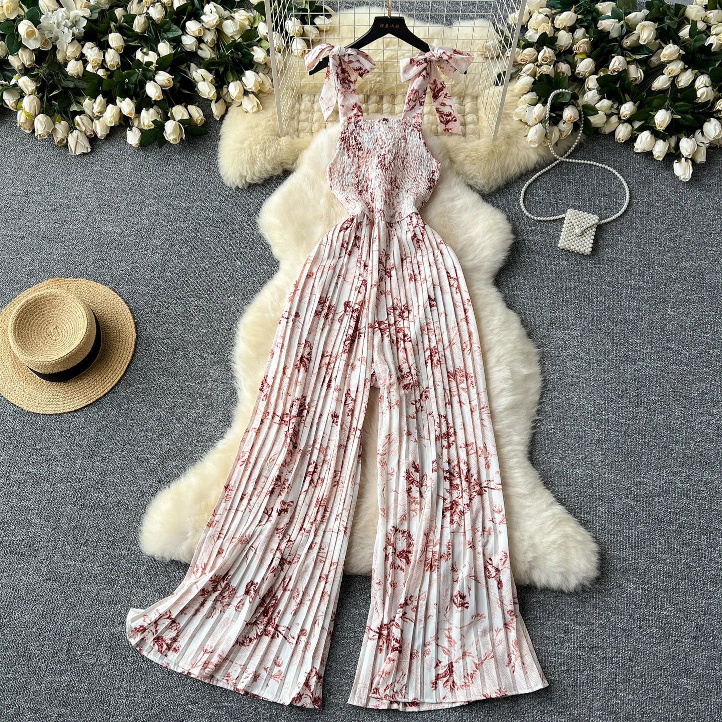Summer Beach Style V-neck Tunic Jumpsuit for Women Sleeveless High Waist Floral Lace Long Jumpsuit Ladies Casual Overalls