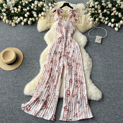 Summer Beach Style V-neck Tunic Jumpsuit for Women Sleeveless High Waist Floral Lace Long Jumpsuit Ladies Casual Overalls